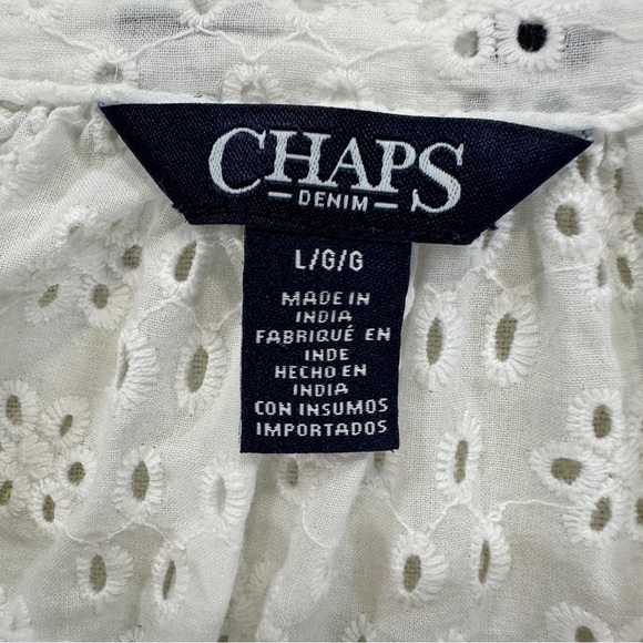 Chaps Women’s White Eyelet Peasant Blouse Balloon 3/4 Sleeve Sz L Boho Cottage - Picture 4 of 7